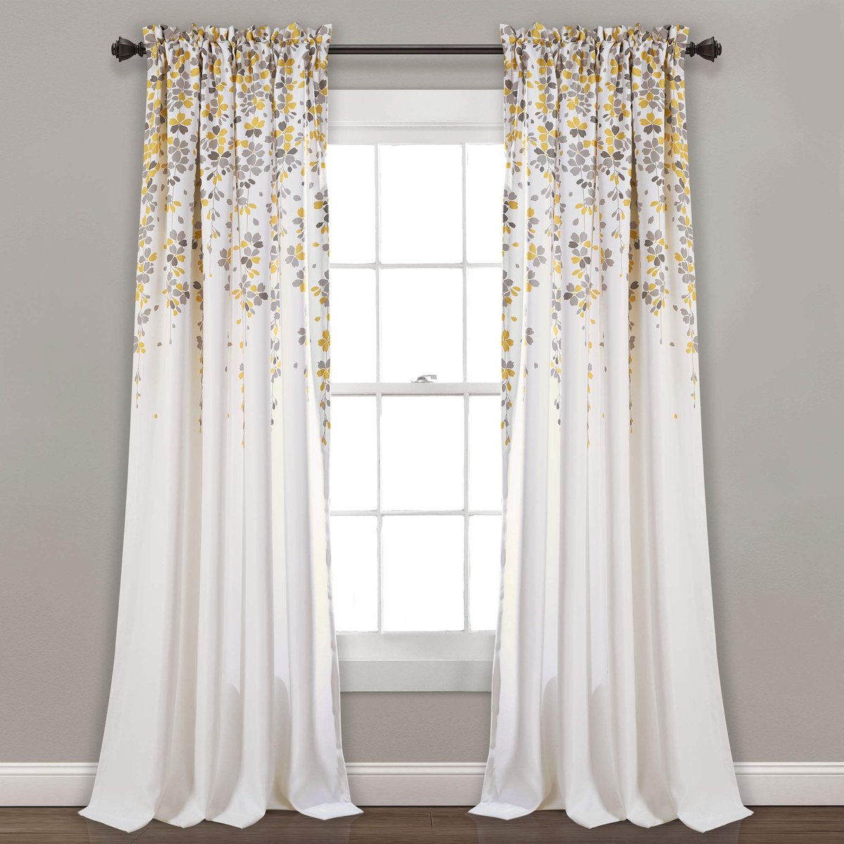 Decor Weeping Flower Lichtfilterende gordijnpanelen, per paar, 132 x 274 cm (b x l) + 5 cm bovenkant, charmante moderne bloemengordijnen voor woonkamer, eetkamer en slaapkamer, geel en grijs