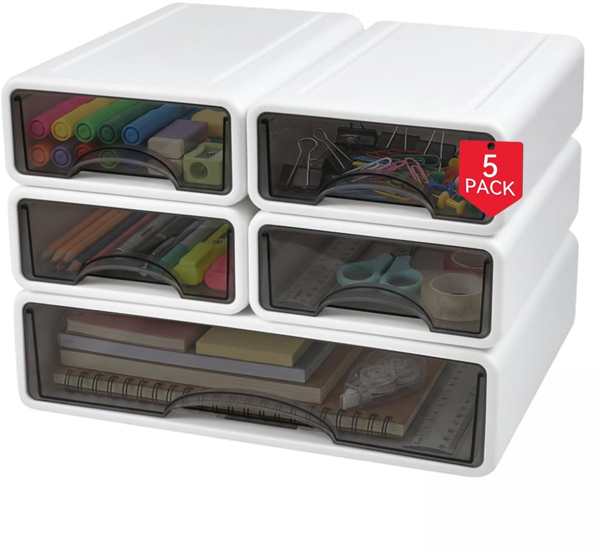 5 stuks ladenbox, bureau, wit, bureau-organizer, laden, stapelbare opbergdoos met lade, kunststof, bureau-organisatie, lades, bureau-organizer voor pennen