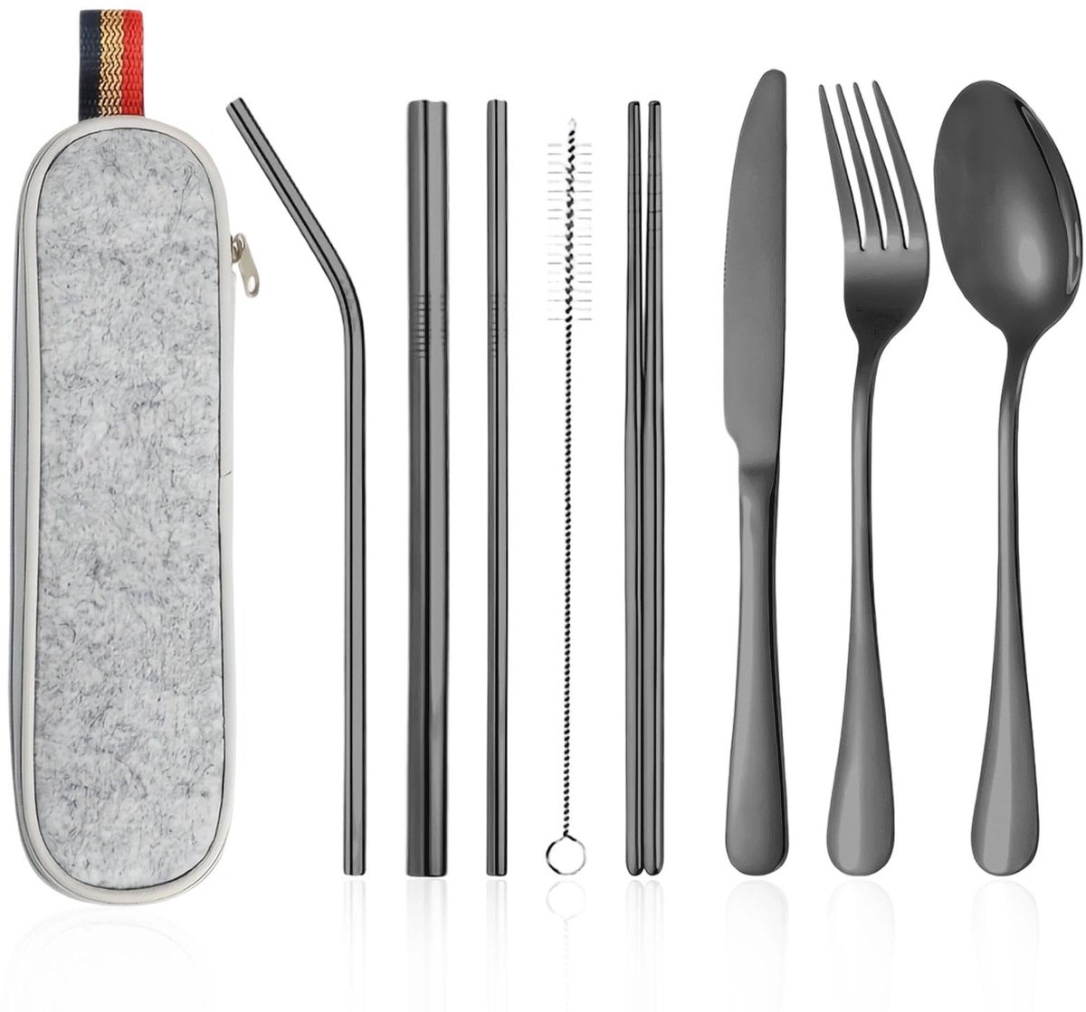 Bestekset, 9-delige roestvrijstalen bestekset met bestektas, draagbare kampeerbestekset – perfect voor picknicks, kamperen, reizen en andere buitenactiviteiten (zwart)