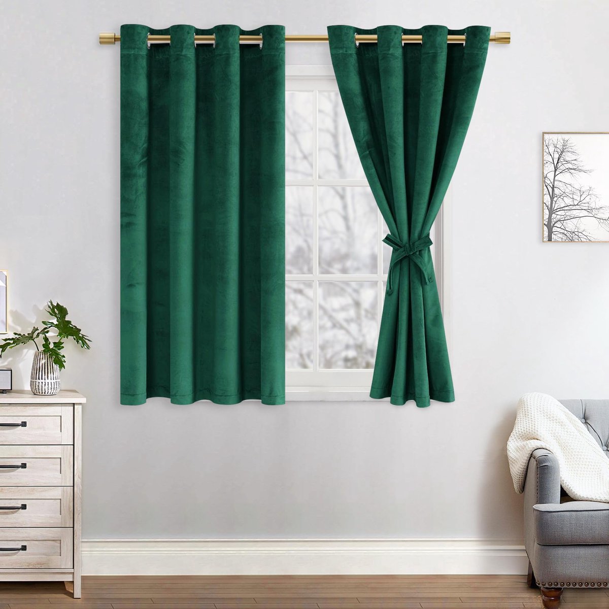 Gordijn voor woonkamer, Kerstmis, fluweel, verduisteringsgordijnen met inslagringen, thermische gordijnen, koudebescherming, groen, fluweel, donkergroen, set van 2, 145 x 140 cm (h x