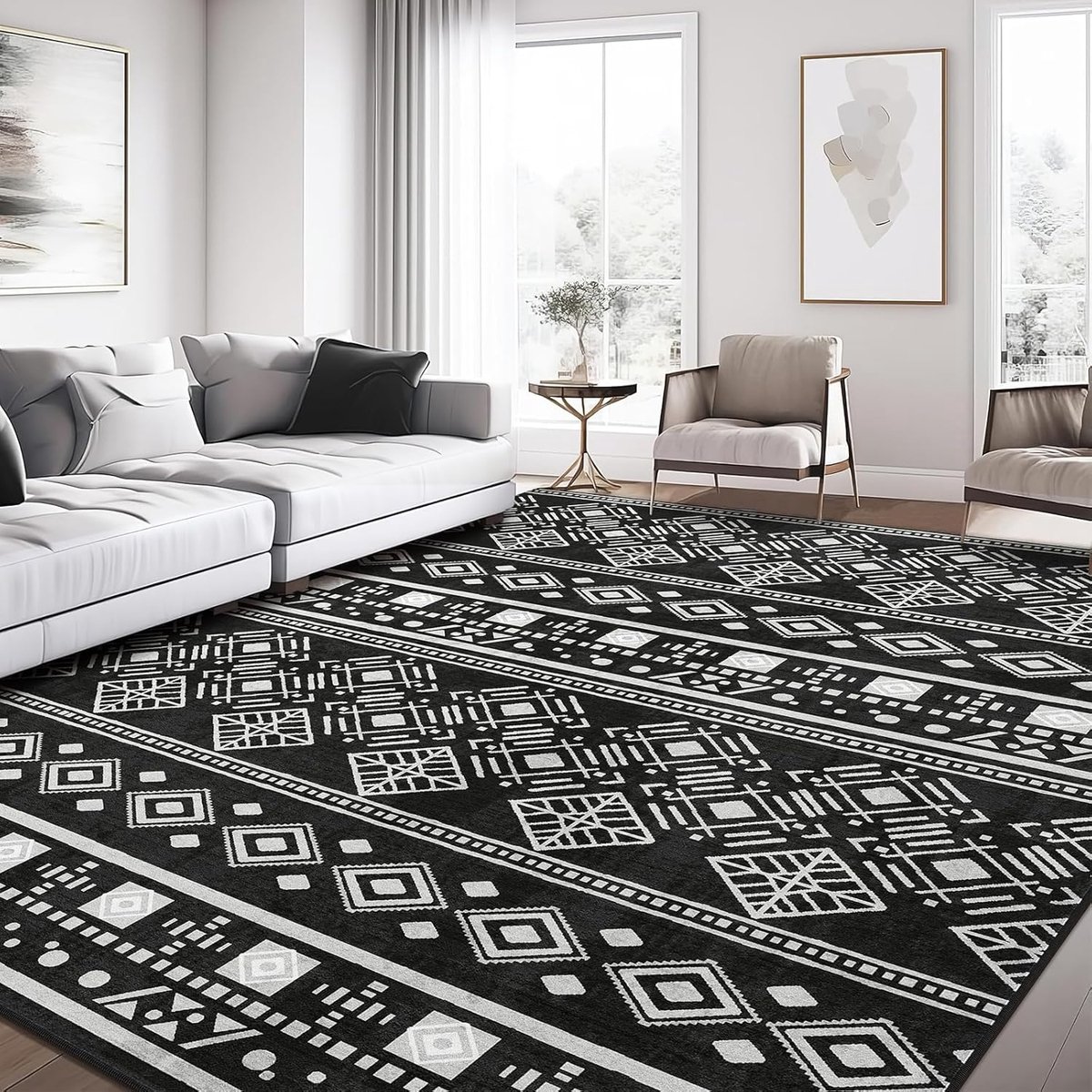 Tapijt 160x220 cm Korte Pool - Wasbare Antislip Woonkamertapijt, Boho Vintage Design, Tapijt voor Slaapkamer, Keuken, Eetkamer, Kantoor, Zwart