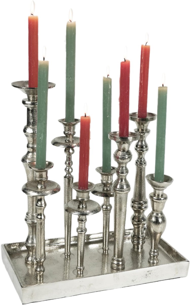 Kersenstandaard op Dienblad - Kaarsenhouder 8-Armig Aluminium Zilver Decoratief Raw - Moderne Kandelaar uit Metaal - XL 40x21x44 cm