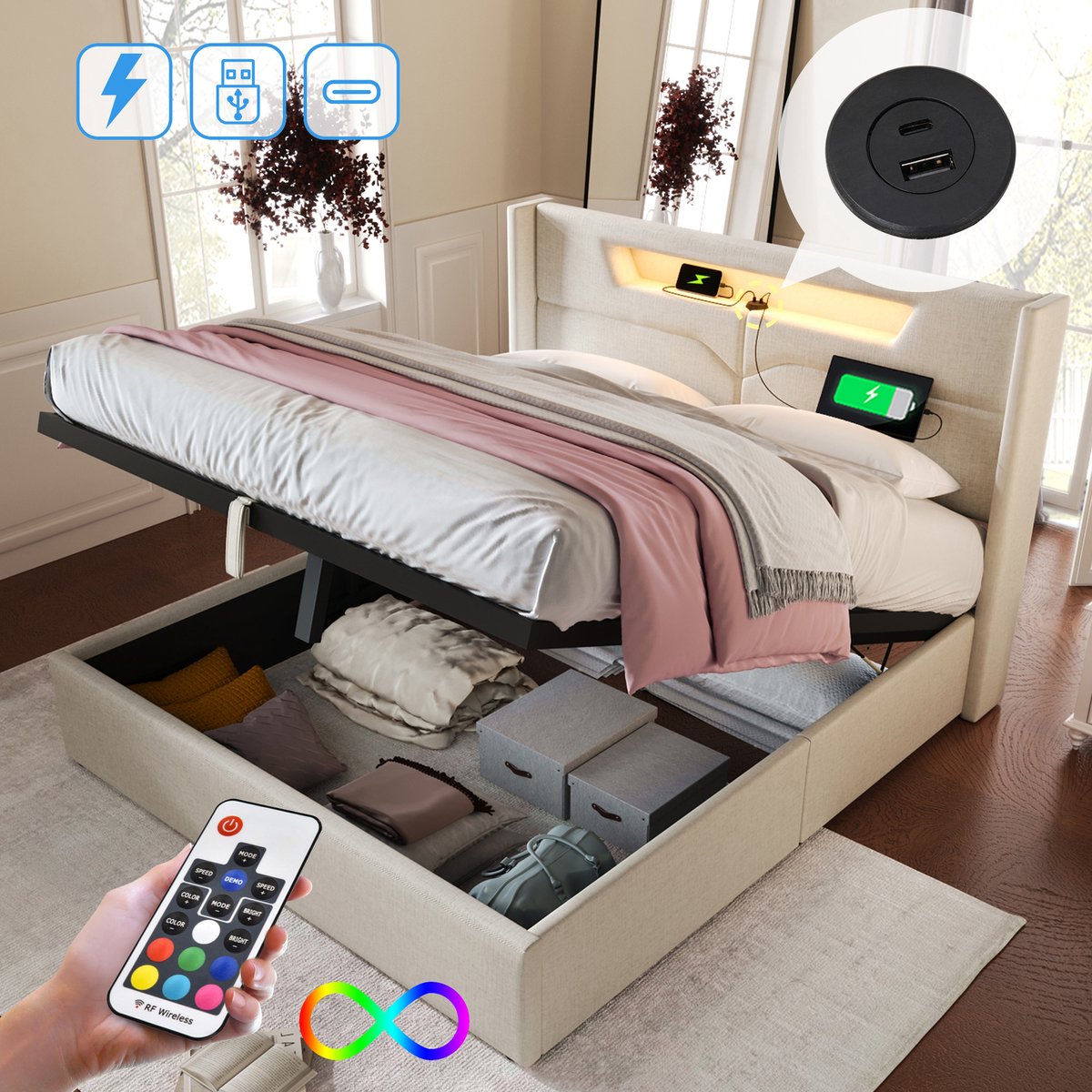 Gestoffeerd tweepersoonsbed 160x200 cm - Met LED-verlichting, USB Type-C-oplaadfunctie en LED-verlichting, opbergbed, bedframe van linnen, lattenbodem - Beige (zonder matras)