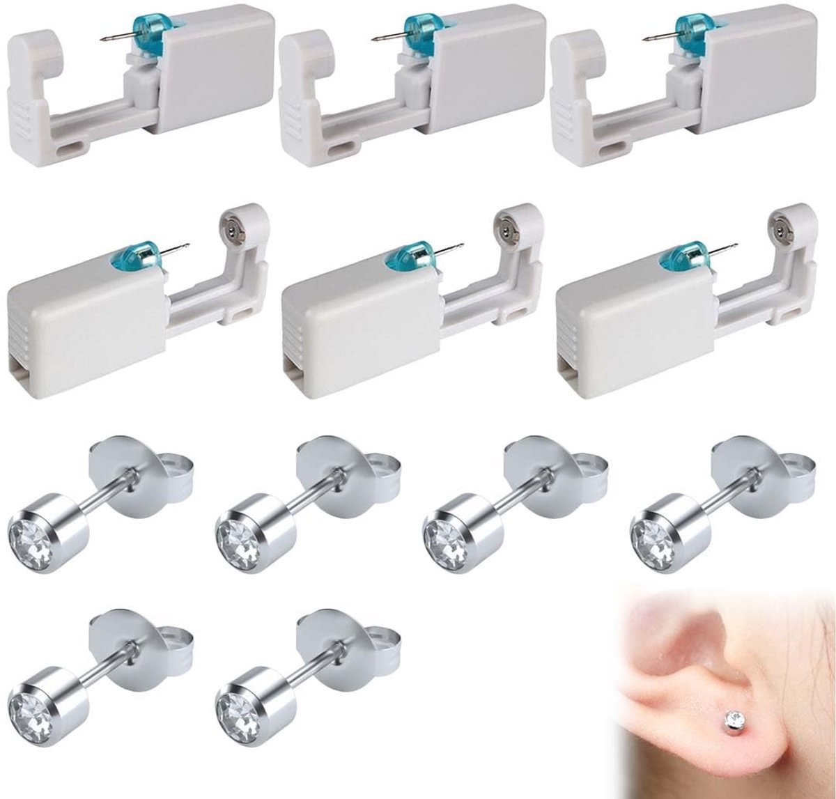 6-delige oorbellenpistool, oorbellenpistool, piercingmachine, oorpiercingtool, wegwerpbaar oorbellenapparaat, steriele set met 6 oorbellen, voor dames en heren