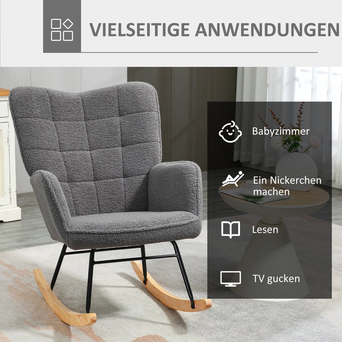 HAUSS SPOLE Schommelstoel Fauteuil - Beklede Relaxstoel Met Armleuningen En Houten Schommelbasis - Voor Woonkamer En Slaapkamer - Donkergrijs