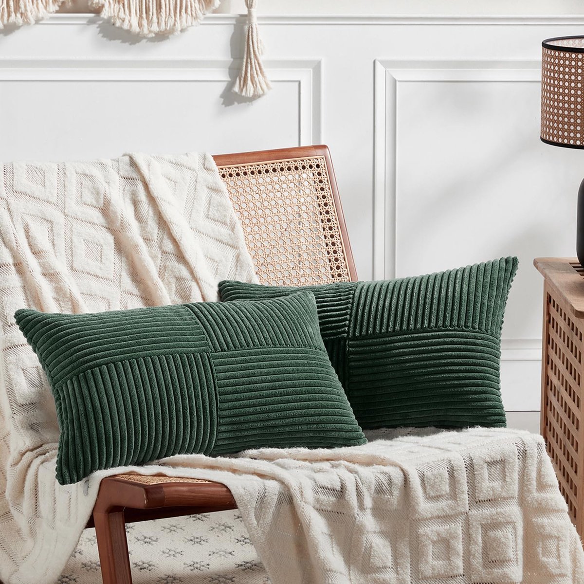 Set van 2 kussenhoezen, boho, 30 x 50 cm, corduroy, modern en zacht, gekruist patroon, decoratief, voor bank, slaapkamer, donkergroen
