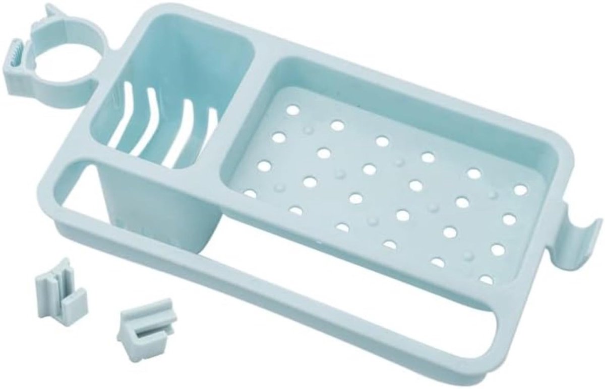 Opbergrek voor keuken, opbergrek voor kraanafvoer, verstelbaar sorteer- en opbergrek, spoelbak sponsdoekrek (blauw)