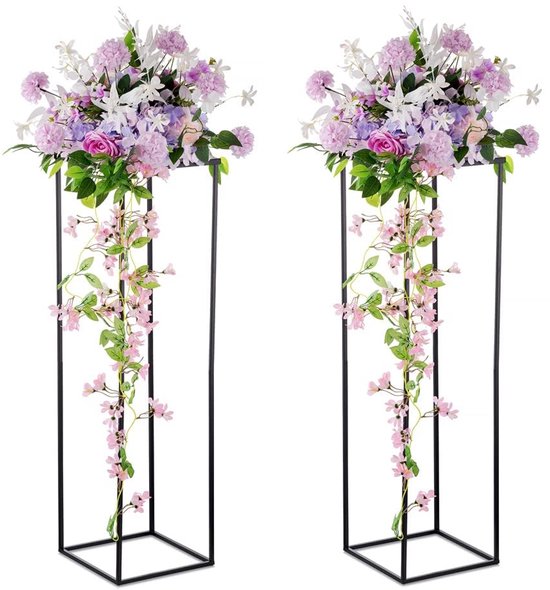 bloemenstandaard bruiloft middenstukken - 2 stuks zuilvazen met metalen plaat 100 cm hoge vloervaas, geometrische zwarte vazen voor tafeldecoratie bruiloft party decoratie woonkamer