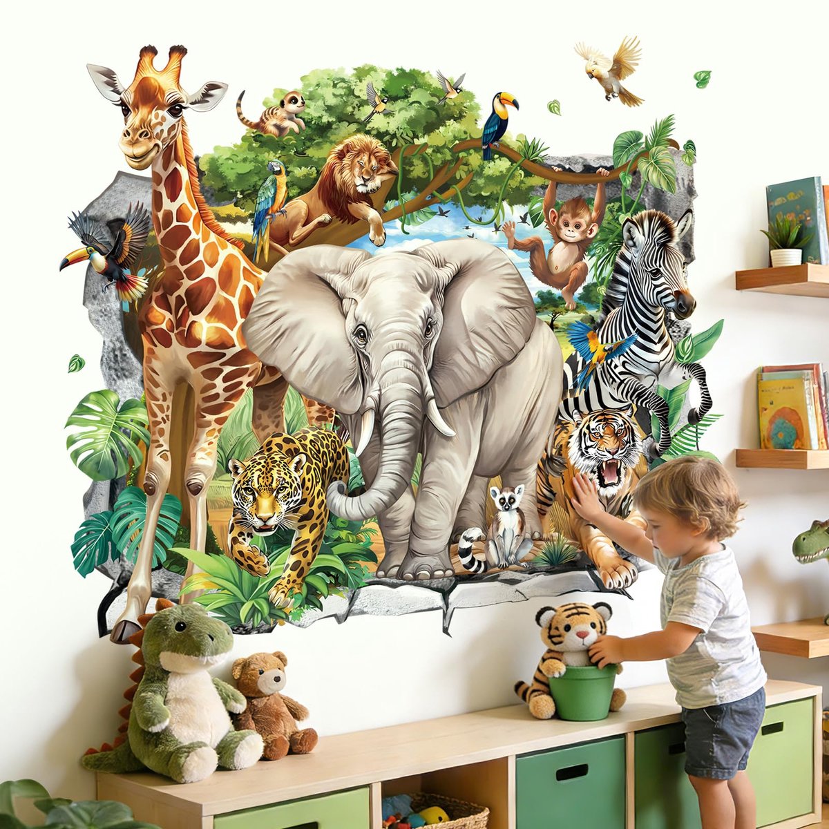 decalmile 3D Safari Dieren Muurstickers Doorbreken Jungle Dieren Giraffe Olifant Muurstickers Baby Nursery Kids Slaapkamer Speelkamer Muur Decor
