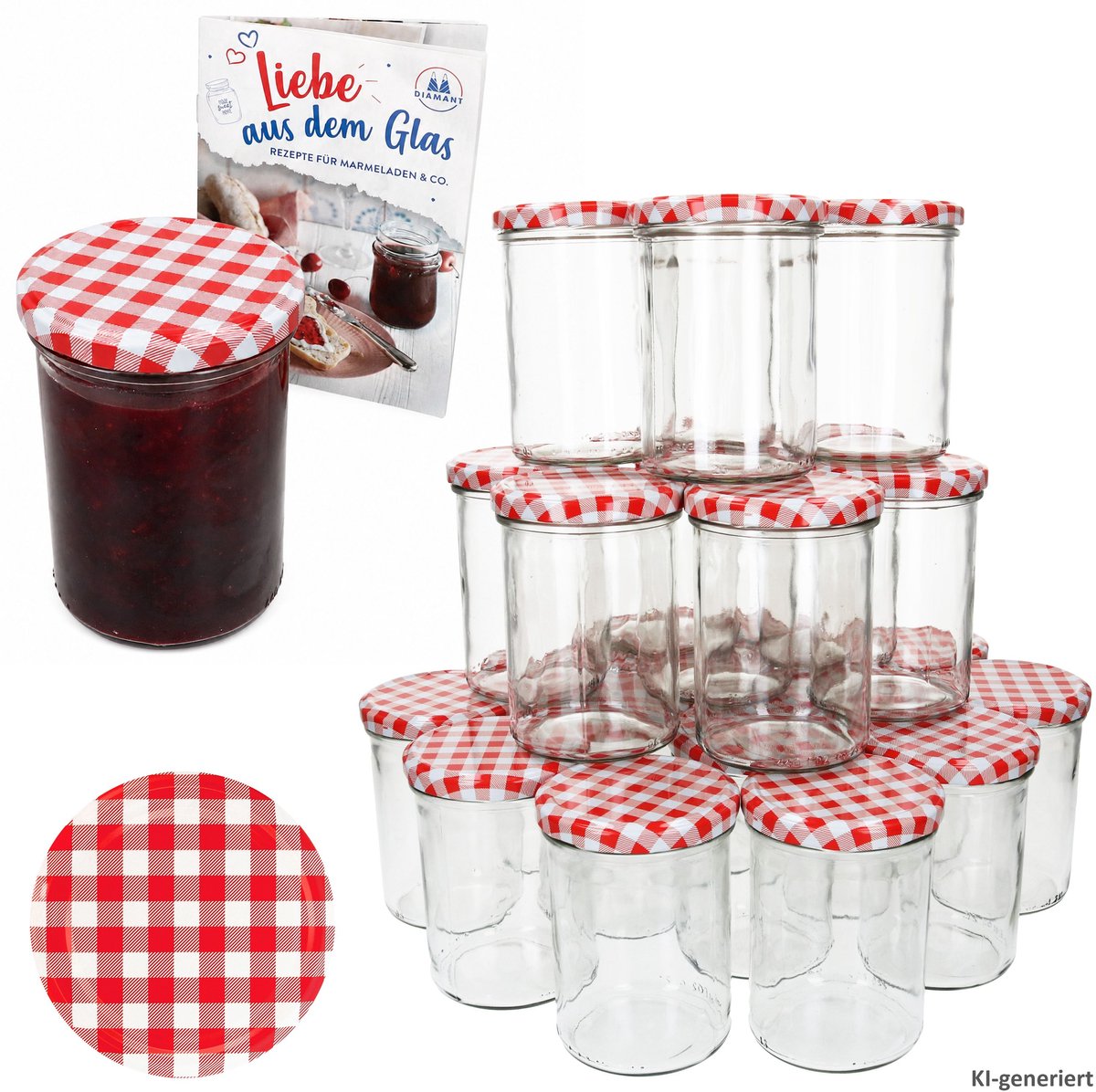 48-delige set sturzglas 435 ml jampot Inmaakpot Inmaakpot Tot 82 rood geruit deksel incl. Diamant-suiker Gelierzauber receptenboek
