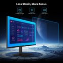 Een monitor met een grafisch dashboard, omringd door iconen voor anti-blauw licht, flikkervrij en anti-glans.