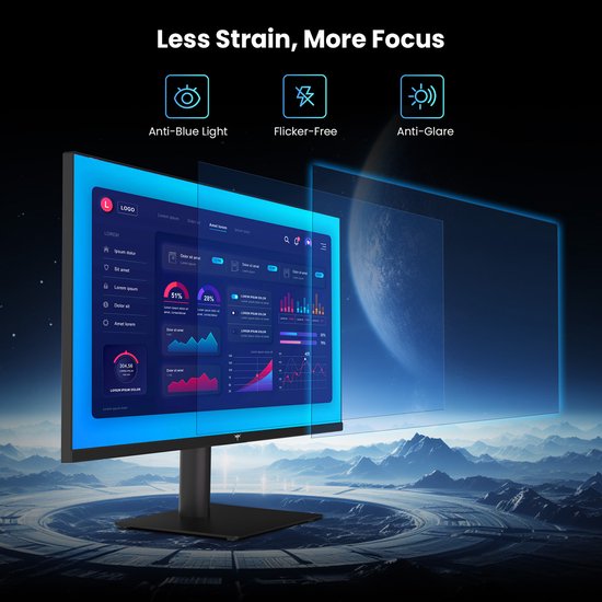 Een monitor met een grafisch dashboard, omringd door iconen voor anti-blauw licht, flikkervrij en anti-glans.