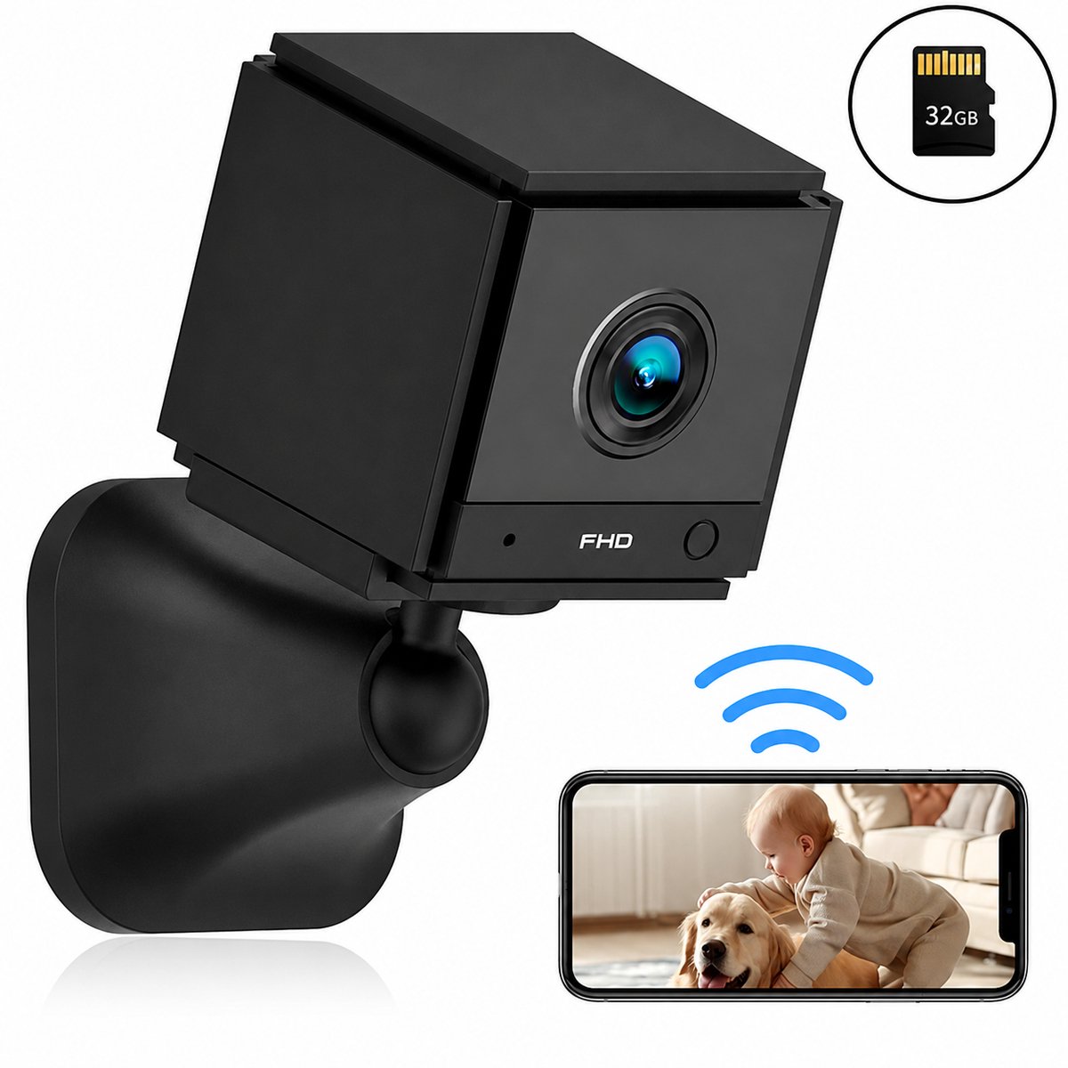 Mini Beveiligingscamera-WiFi Camera Met 32GB SD Kaart-1080p Nachtzicht-Tweeweg Audio-PIR Detectie-Binnenbewaking-3,7 x 3,7 x 3,8 cm-Zwart