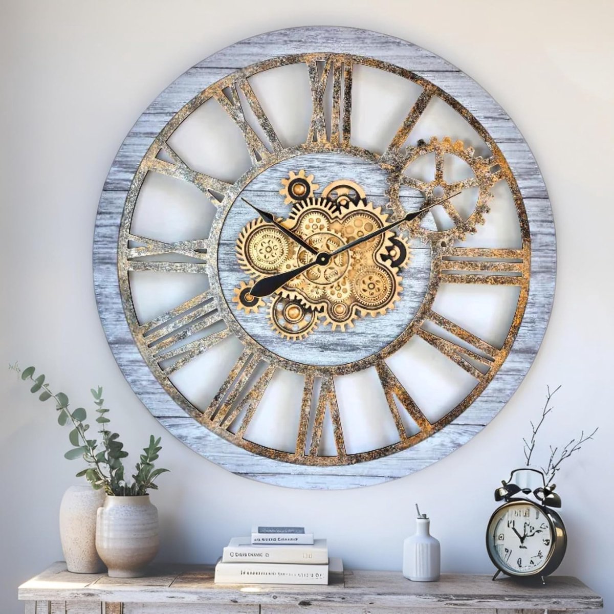 Gears Klok 36'' Inch Echte Bewegende Tandwielen Wandklok Vintage Industrieel Overgrote Rustieke Boerderij (Zilver Grijs)