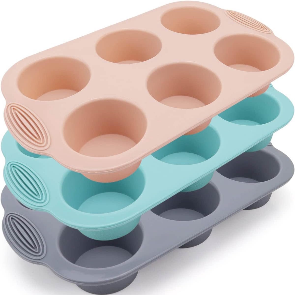 3 stuks siliconen muffinbakjes (grijs, roze, pauwenblauw) muffinplaat, muffinplaat van siliconen, siliconen vorm muffins voor cupcakes, brownies, cake, pudding