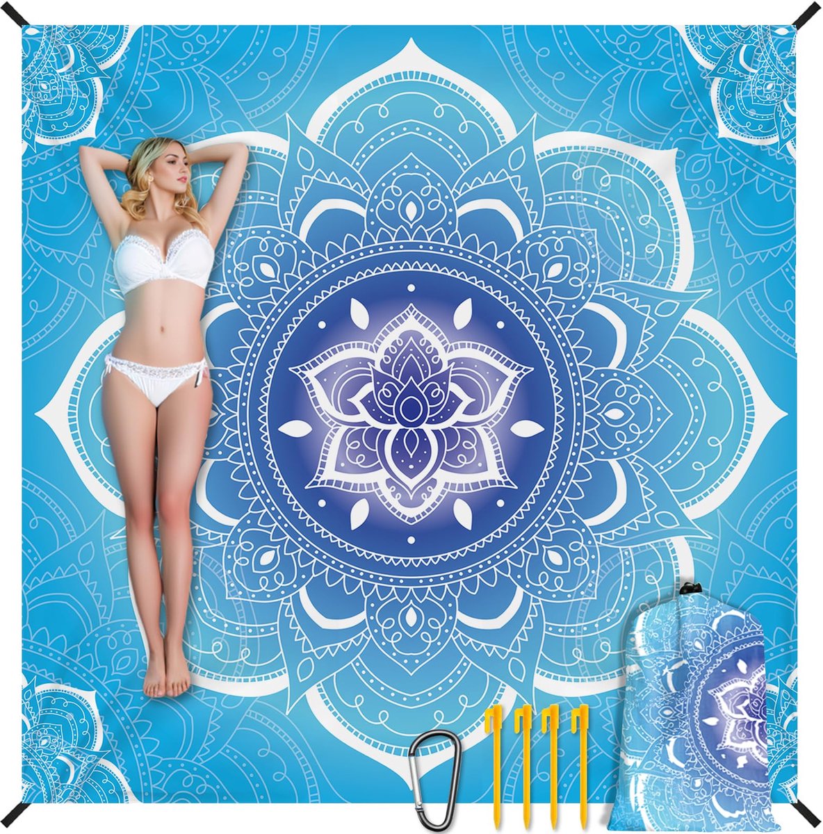 Stranddeken, zandvrij, waterdicht, mandala, 200 x 220 cm, grote strandmat, picknickdeken voor 4-6 personen, licht, draagbaar, strandmat, outdoor deken met 4 haringen, voor strand, wandelen, reizen