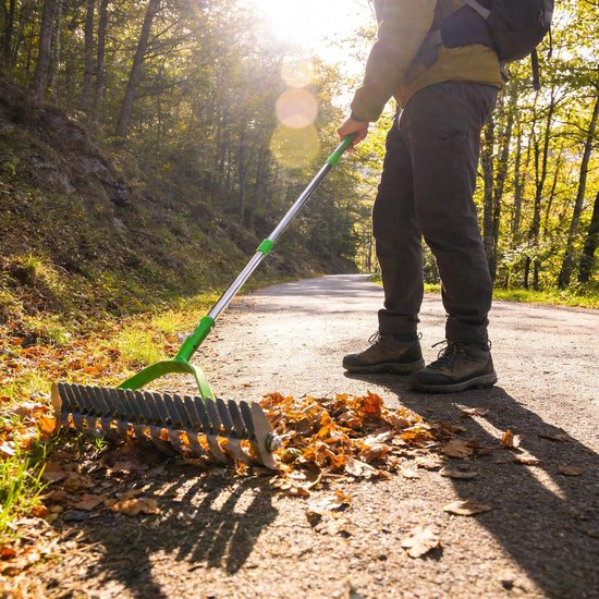 bladhark, verticuteerhark met 1,3 m lange steel, 2-in-1 onkruidhark en verticuteerhark, tuingereedschap, efficiënt voor het reinigen van planten, gazon — afbeelding 5