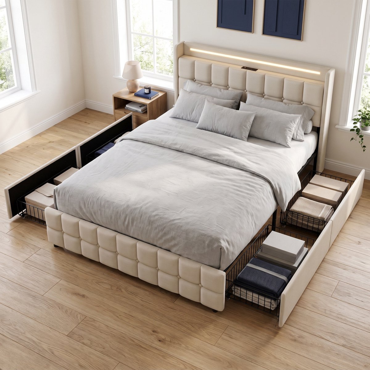 Gestoffeerd Opbergbed 140x190 cm met 4 lades - Tweepersoonsbed met LED en USB - Hoofdbord met opbergruimte - Linnen - Modern - Beige