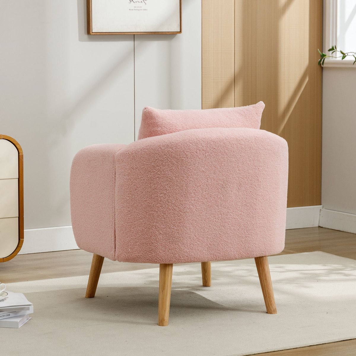 DESMIU Fauteuil 71 x 72 x 71 cm - Handmatig Verstelbare Rugleuning Met Kussen - Voor Woonkamer En Slaapkamer - Teddyfluweel - Roze