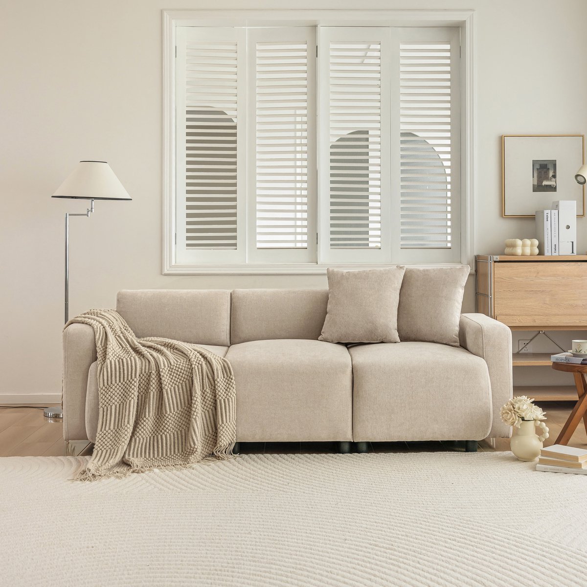 DESMIU Zitbank 211 Cm - Modern Design Met 2 Kussens En Afneembaar Zitkussen - Voor Woonkamer, Slaapkamer En Kantoor - Chenille Beige