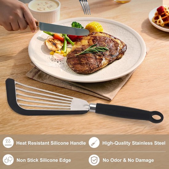 viswender, spatel roestvrij staal, keukengerei, hittebestendig en flexibel, voor antiaanbaklaag kookgerei, vis, ei, steak, pannenkoeken, siliconen handvat - zwart, 2 stuks — afbeelding 2