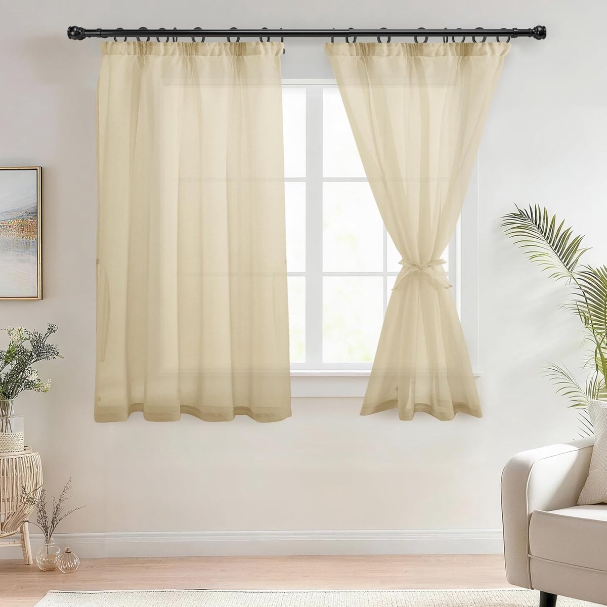 Voile gordijnen met plooiband, linnenlook, 2 stuks, halftransparant, voor woonkamer, doorzichtige gordijnen, kort, beige, 145 x 140 cm (hoogte x breedte)