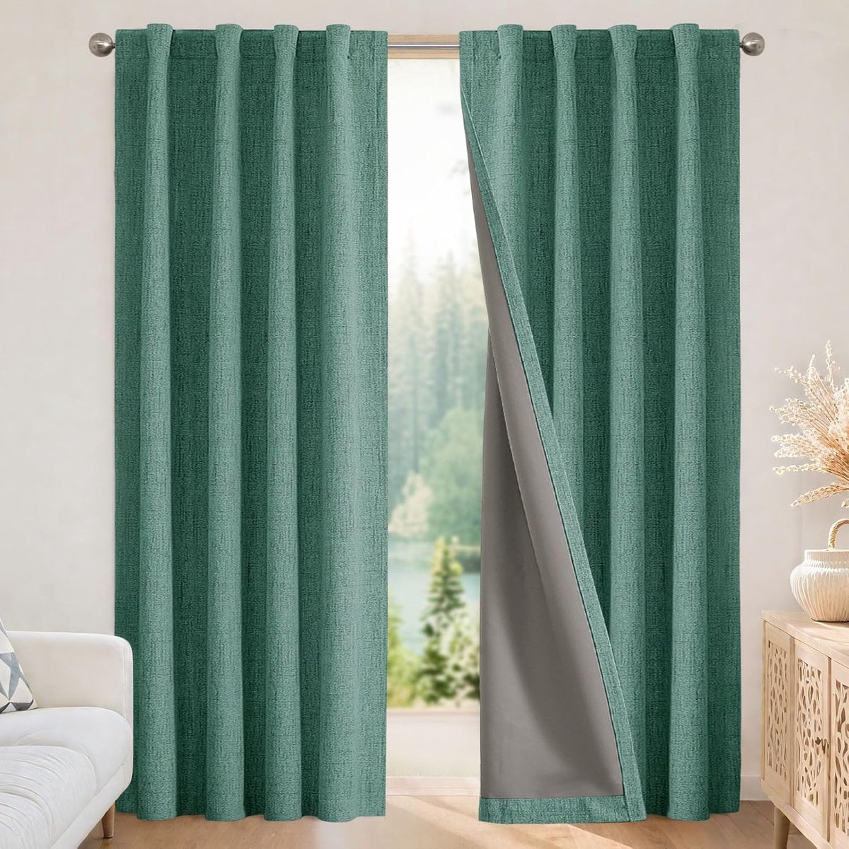 Gordijnen voor binnen, 2 stuks, linnen, thermische gordijnen met lussen, voor moderne woonkamer, kinderkamer, slaapkamer, 2 x 140 x 245 cm (b x h), bosgroen