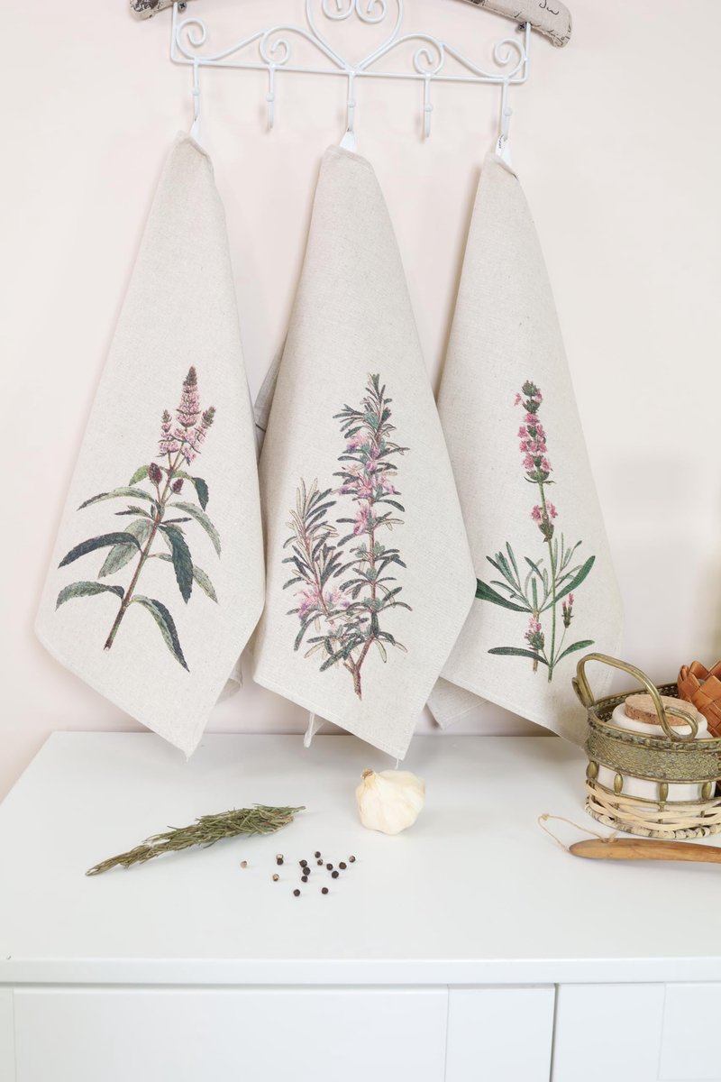 Set van 6 theedoeken halflinnen 45x60 cm, keukendoeken, kleine handdoeken 60% linnen, 40% katoen, handdoek met ophanghaakjes, Provence, 6 stuks.