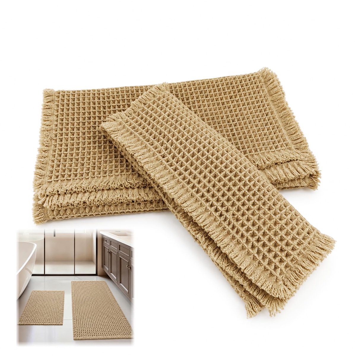 Badmatset in boho-stijl - antislip en absorberende wafelbadmat, sneldrogend en wasbaar - moderne badmat in bruin voor badkamer, toilet en hal (43 x 61 cm + 50 x 121 cm) (kaki)