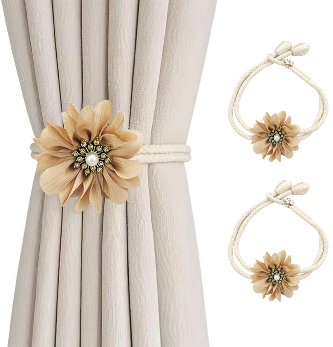 Gordijnbinders, 2 stuks bloemvormige gordijnbinders, elegante gordijnhouders voor thuis, buiten, slaapkamer, kantoor, decoratieve gordijnen