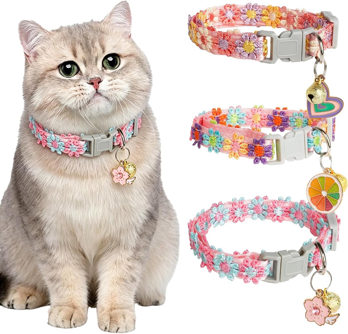 COOAU - 3 Stuks Bloemen Kat Halsbanden met Bel & Schattige Sierhangers - Verstelbaar Veiligheids Afbreekbaar Kitten Halsband - Kleurrijk Zacht Huisdier Halsband voor Poesjes
