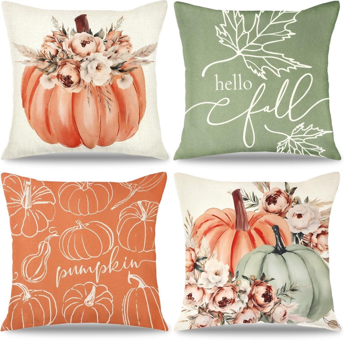 Set van 4 Herfst Kussenhoezen 45x45cm met Pompoen en Esdoornblad - Decoratieve Kussens voor Halloween en Thanksgiving, Zacht Linnen Kussen voor een Warm Thuisgevoel