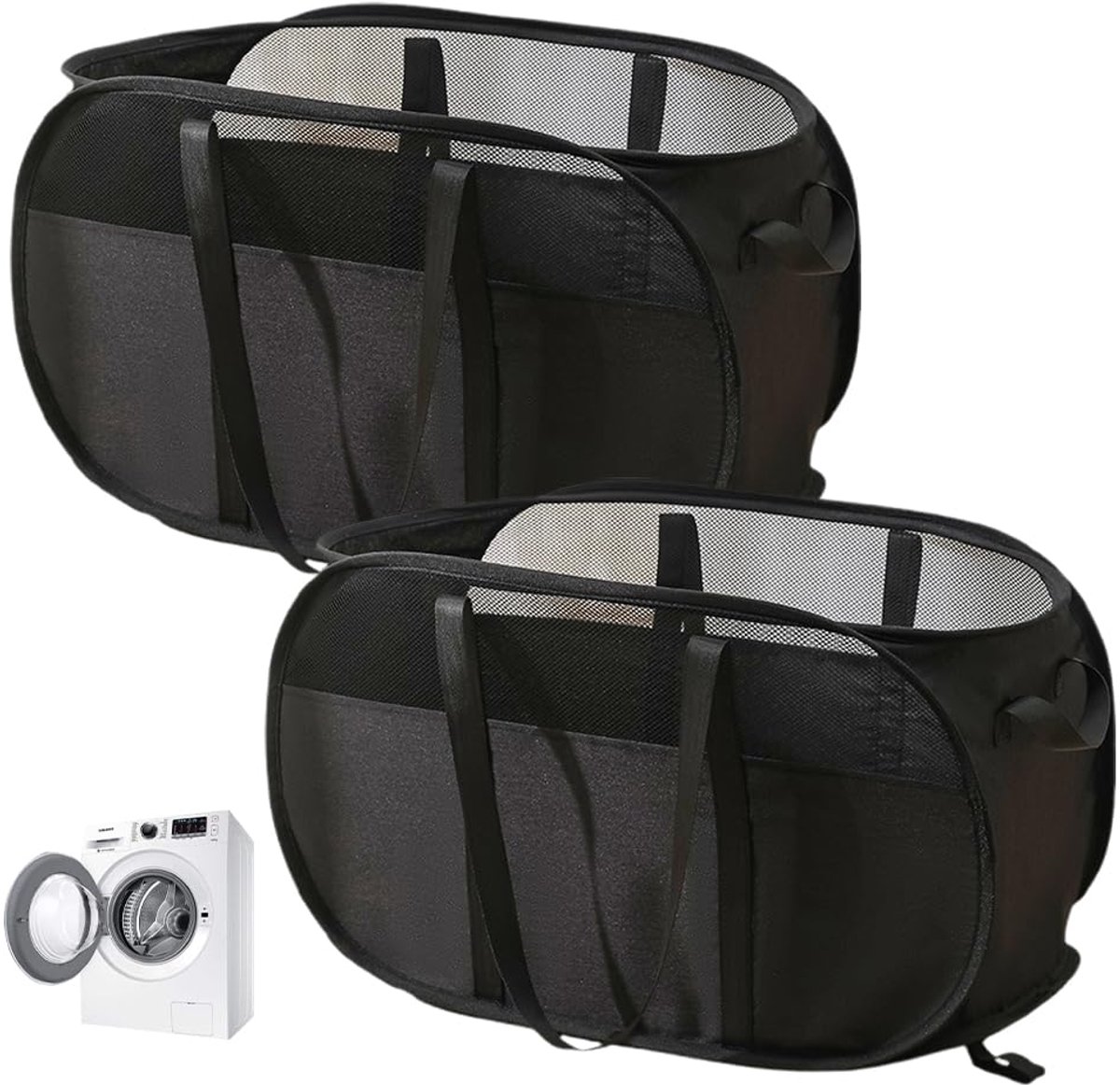 wasmand, pop-up wasmanden, ademende honingraatnet, wasmand, opvouwbaar, groot, vuile kleding, opbergmand met versterkte handgrepen, 36 x 36 x 58 cm, 2 stuks (zwart)