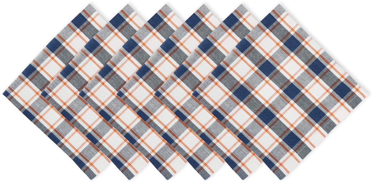 Plaid, katoen, blauw en oranje, 20" x 20" (Set van 6)