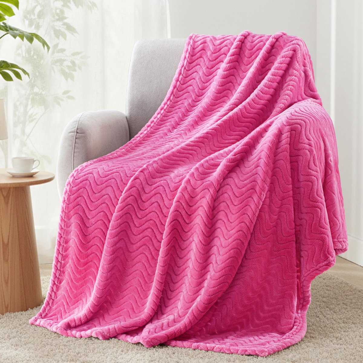 Mezcla Grote flanellen fleece deken, 127 x 178 cm bankspreien, zacht jacquard geweven golfpatroon gooit voor bank, felroze deken