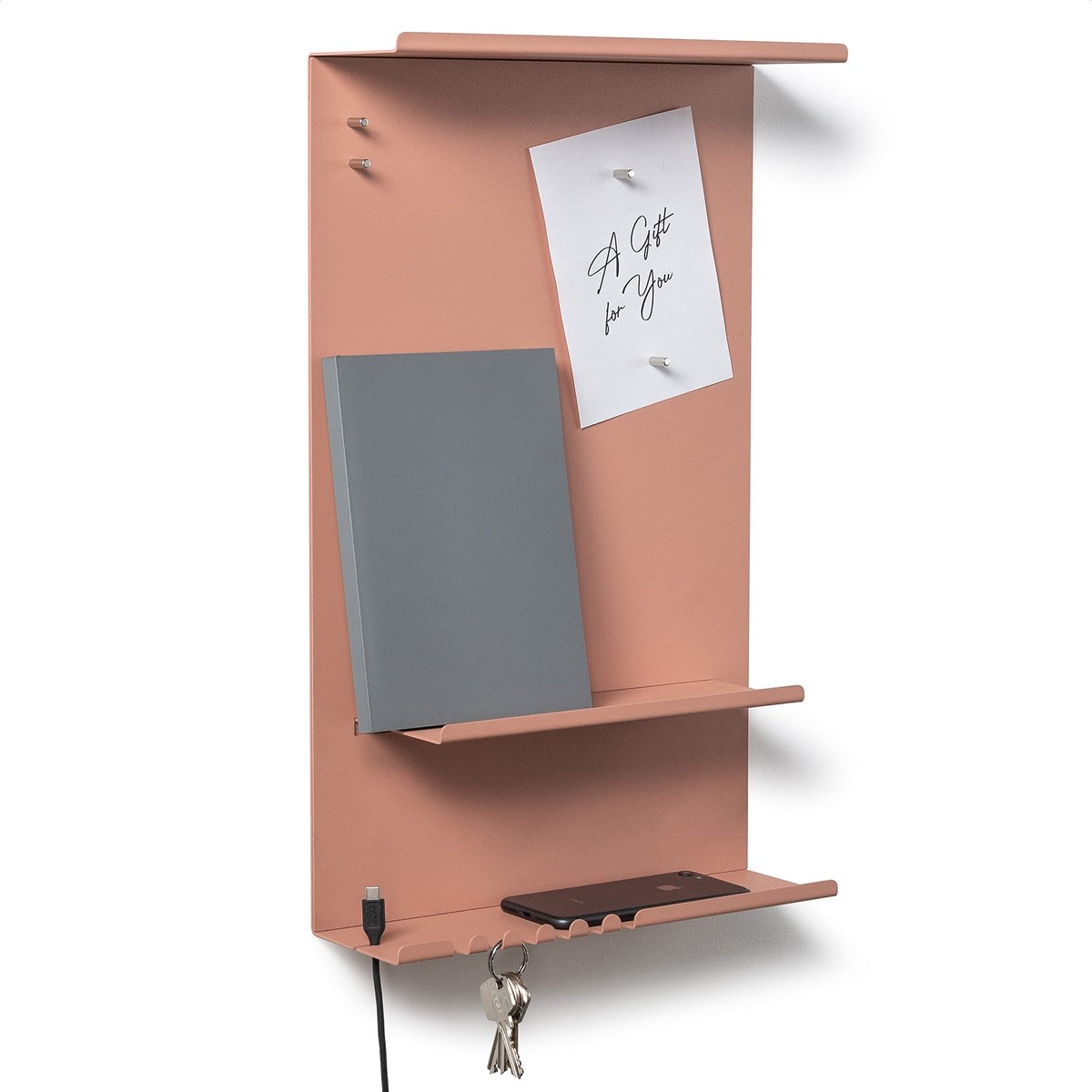 byde Wandorganisator helium van metaal, 30 x 9 x 49 cm, 3-in-1 wandplank, met magnetisch bord en magneten. Organizer voor sleutels en notities Montage met montagesjabloon. Kleur Beige Rood