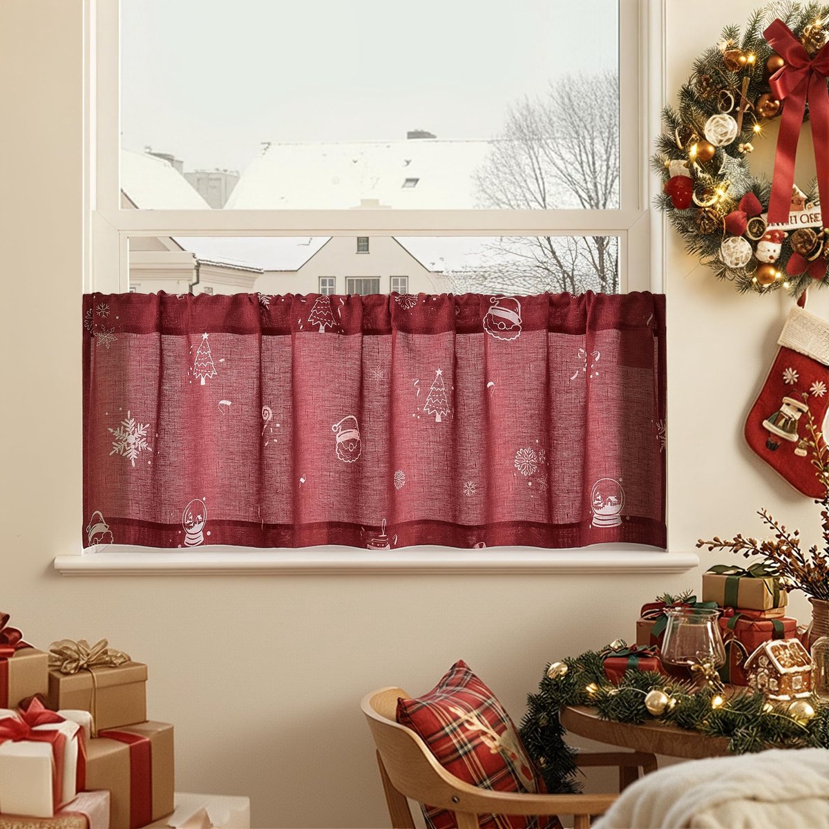 Vitrage, moderne keuken, kerstgordijnen, keukengordijnen, landhuisstijl, bistrogordijn, moderne gordijnen, keukenraam, raamgordijn, woonkamer, slaapkamer, h 40 x 150 cm, rood, 1 stuks