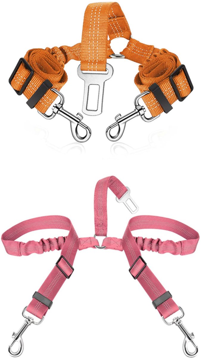 Set van 2 Dual-Dog autogordels – Verstelbare autogordel voor twee huisdieren, voorzien van een elastische riem en reflecterende strips, met een knoopvrij ontwerp met vertakking;roze+oranje