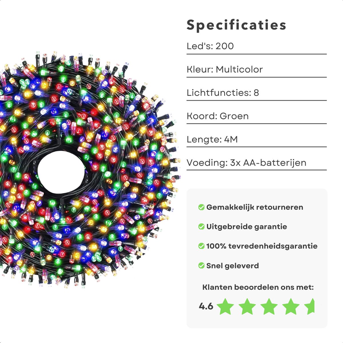 Cheqo® Kerstverlichting - Kerstboomverlichting - Kerstlampjes - 200 LED - 4M - Voor Binnen en Buiten - Timer - Veelkleurig - 8 Lichtfuncties - Op Batterijen - Multicolor - Gekleurde Kerstverlichting - Sfeerverlichting - Feestverlichting – foto 6