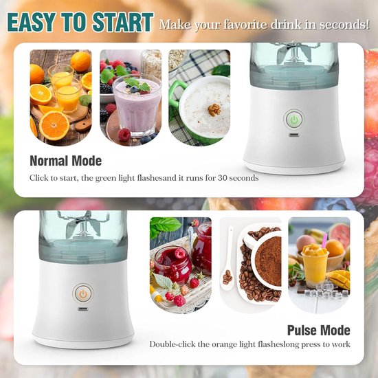 Draagbare mixer 600 ml smoothie maker to go, draagbare sapcentrifuge met 6 messen en USB-oplaadbaar, voor sportschool, kantoor en reizen (wit) — afbeelding 4