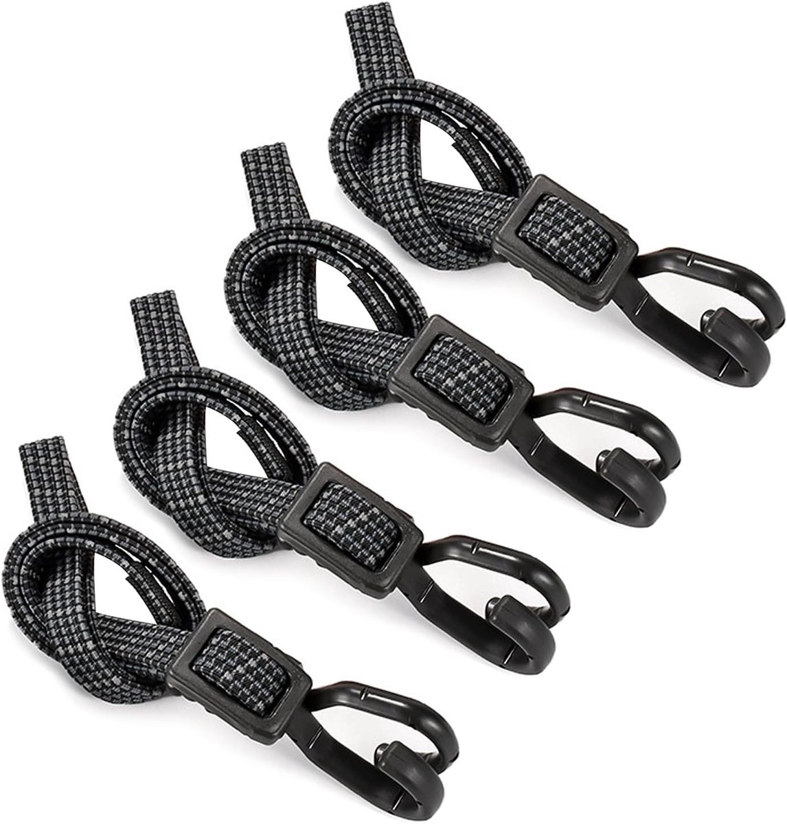 Set van 4 elastische touwen met haken, 100 cm verstelbare bevestigingsriemen, plat elastisch touw met metalen haken, riemen voor dekzeilen, vervoer van bagage, motorfiets, fiets, zwart