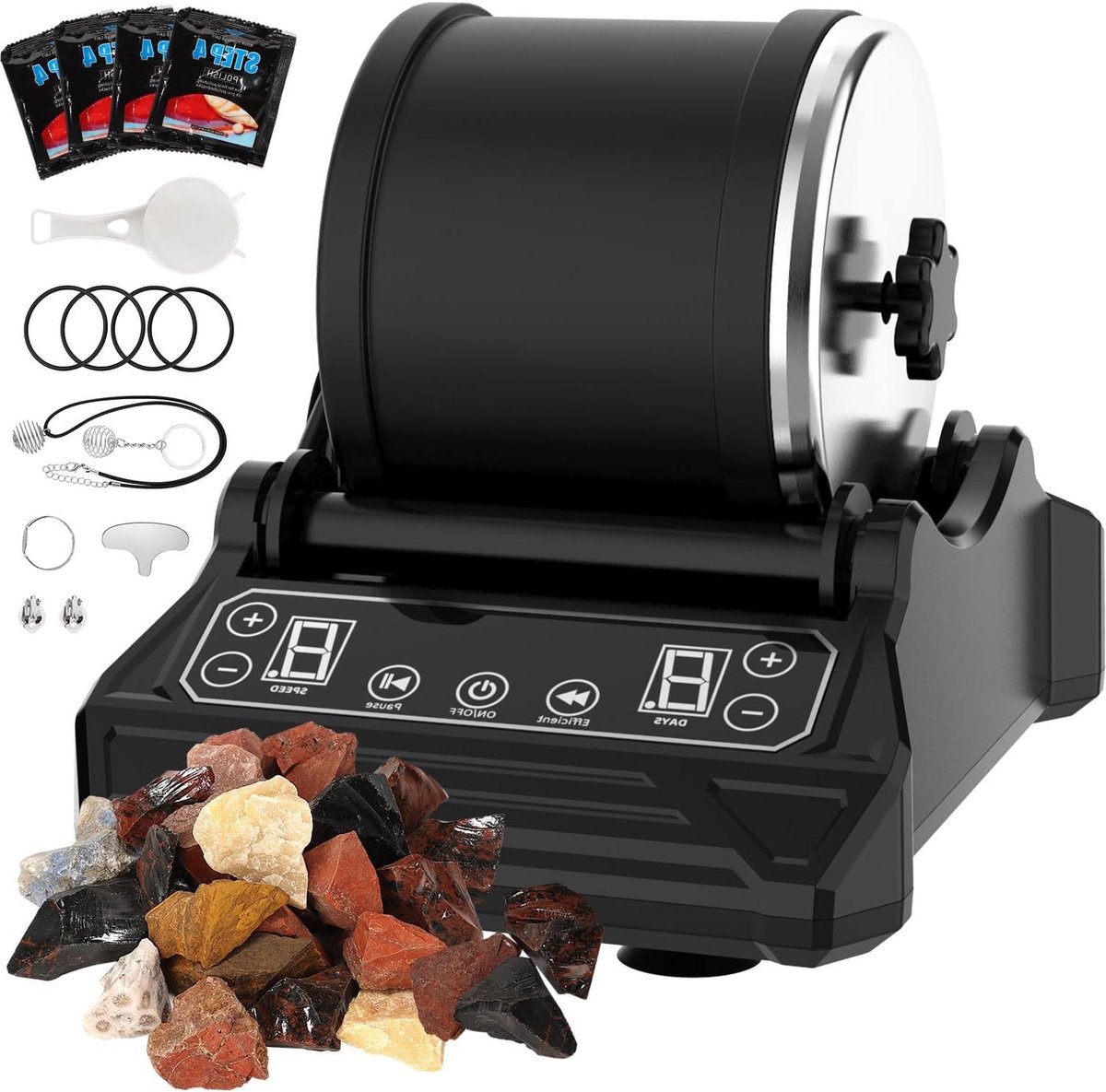 Steen Polijstmachine - Polijsttrommel Set - Stenen Bewerken - 9-Dagen Timer - 1 kg Capaciteit - Grijs
