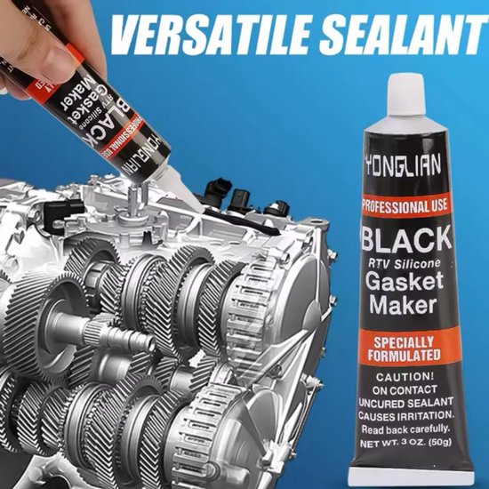 Hand spuit zwarte Yonglian pakkingmaker op een complexe auto-transmissie. Tekst: "VERSATILE SEALANT".