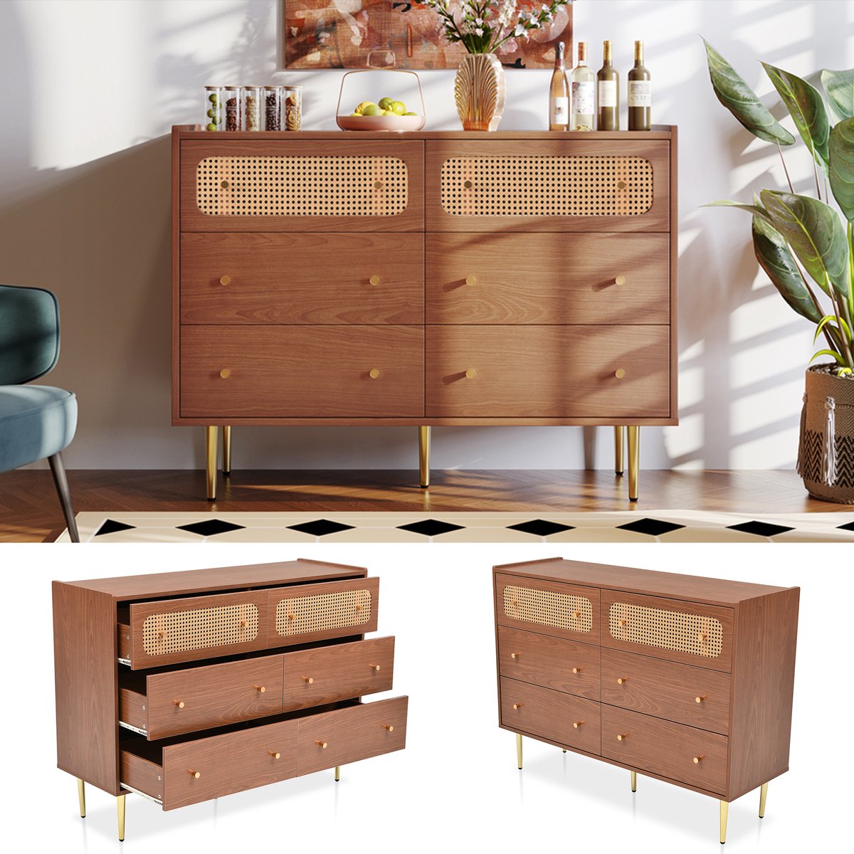 Zubaliya Kommode - 120x40x90 cm walnoot - 6 laden met rattan - metalen poten 20 cm - vintage design