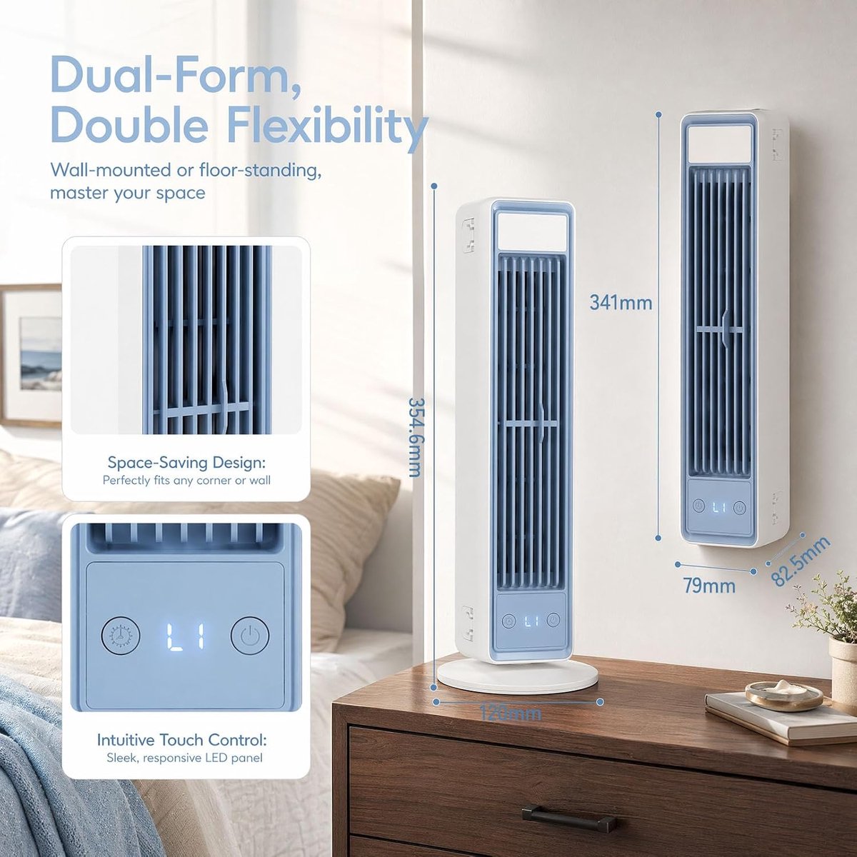 VHV - Torenventilator - Ventilatoren - Kolomventilator - Ventilator met afstandsbediening - Zonder bladen - Oscillerend - Stil - Compact - Voor slaapkamer, woonkamer en kantoor - 12x12x36 cm - Wit – foto 2