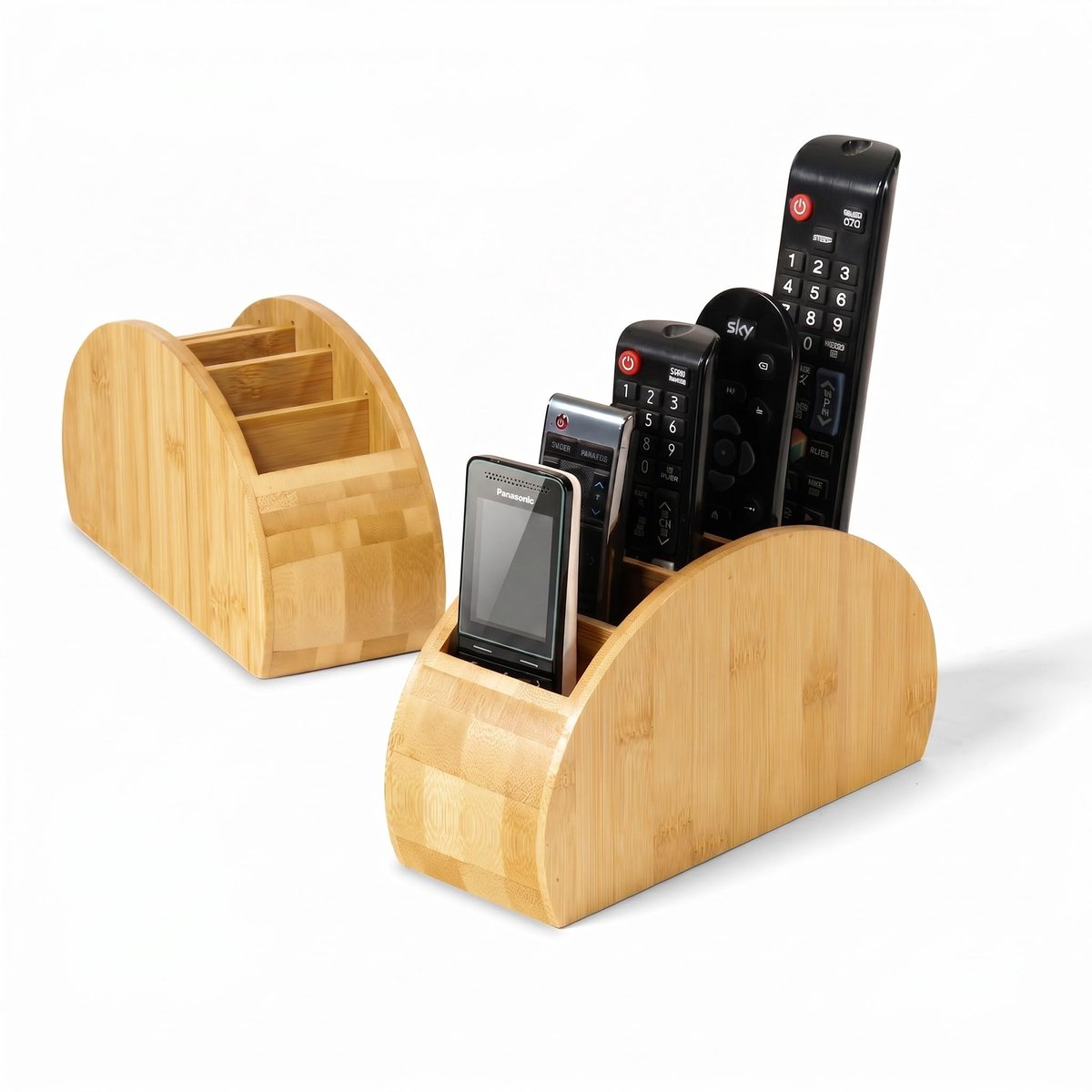 Bamboe Remote Organizer | 5 compartimenten | Kantoor opgeruimd | TV-controle opslag | pennenhouder | make-up sorteerder | Cosmetica display | H11,9 x B 22,3 x D8,2 cm |