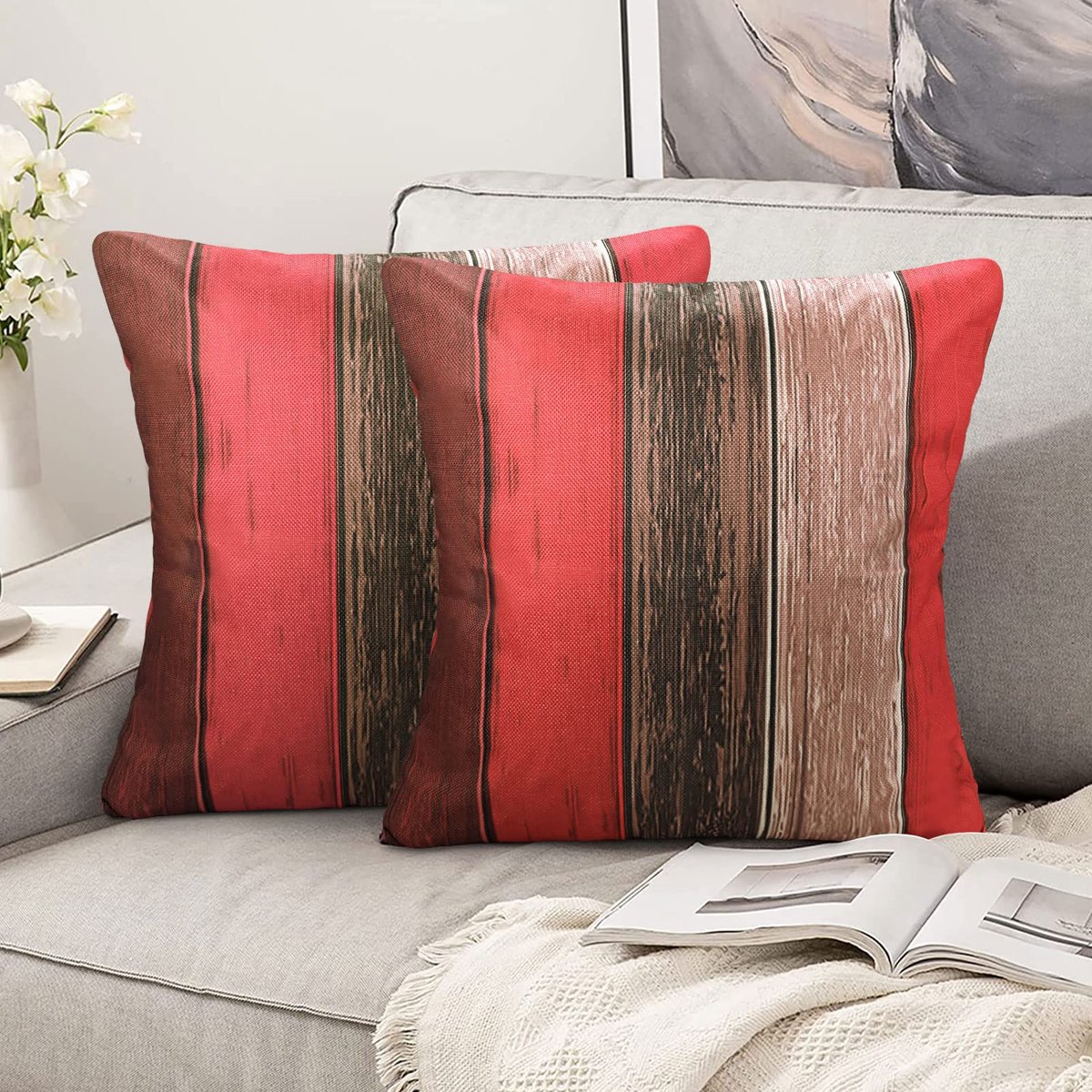 Kussenhoes rood 45 x 45 linnen kussenslopen 45 x 45 cm, set van 2 gekleurde strepen, boerderij, rustieke schuur, houttextuur, rood, oranje, grijs, kussensloop voor bank, stoel, balkon met onzichtbare