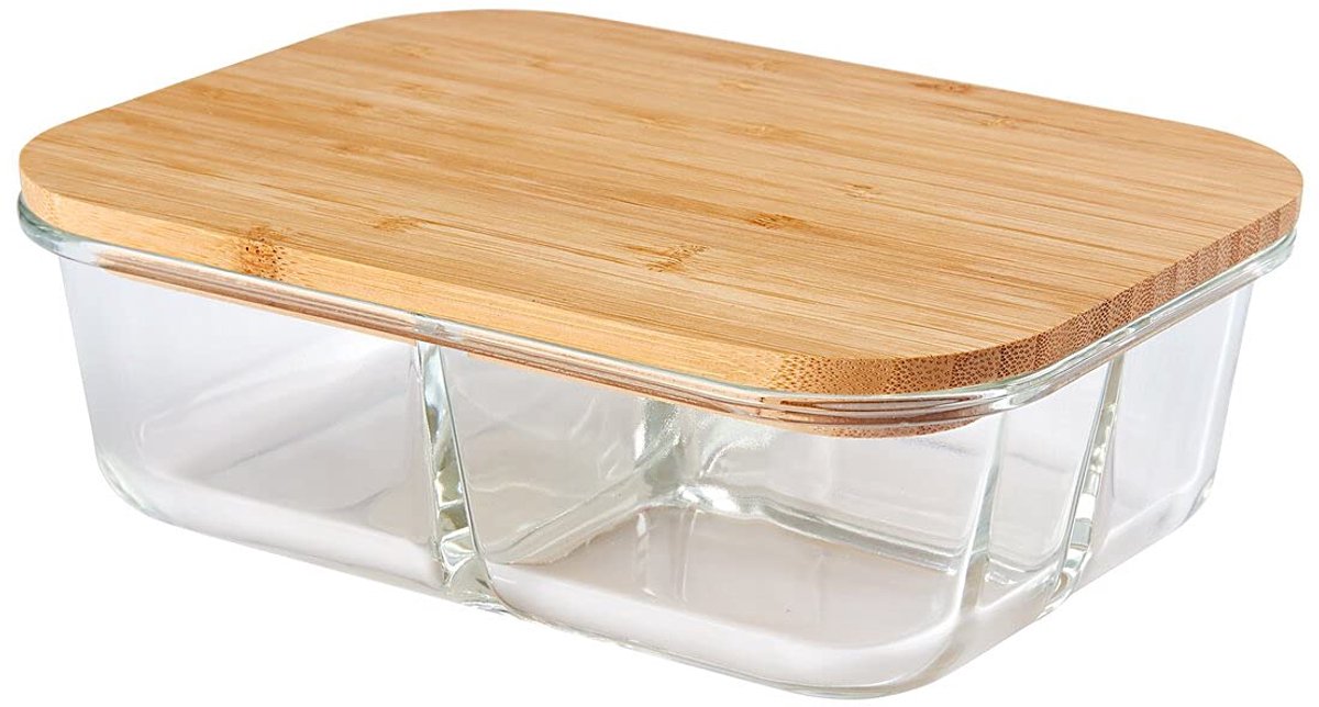 Glazen voorraaddoos van borosilicaatglas met 3-voudige onderverdeling en bamboedeksel - voorraadpot keukenopslag voedselopberger