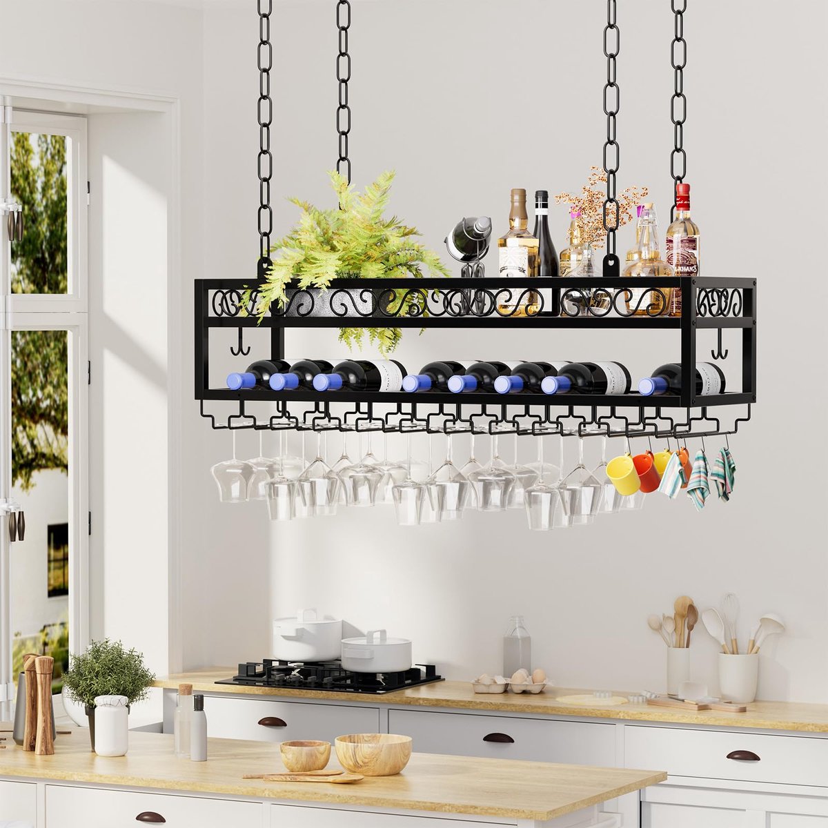 wijnrek, hangend in hoogte verstelbaar, met glazen houder, ijzeren ketting, verstelbaar 2-laags hangrek, industriële stijl, opbergrek voor bars, restaurants, keukens, cafés