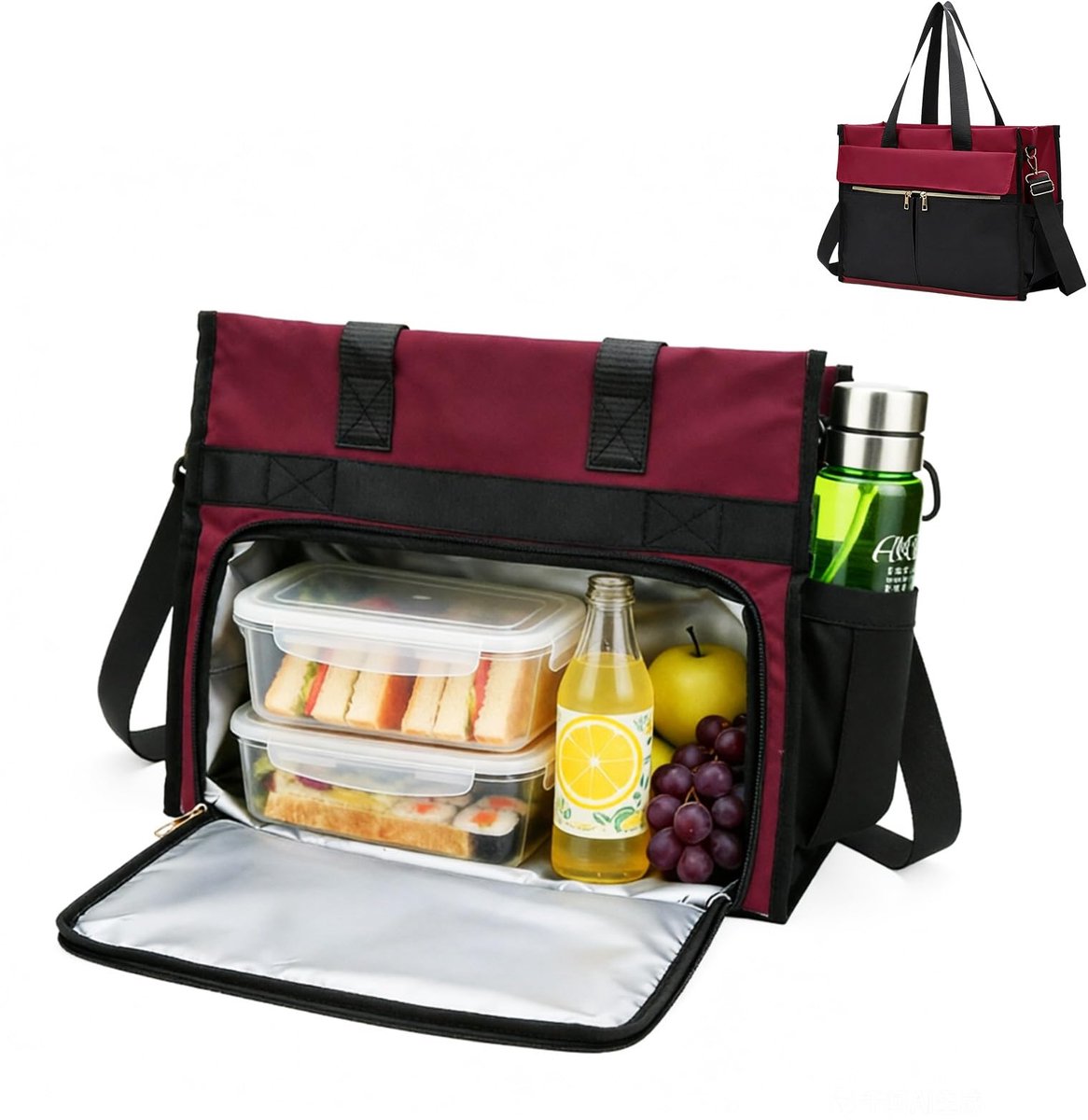 Lunchtas voor dames, laptoptas met geïsoleerd lunchvak, 2-in-1 lunchtas, handtas, multifunctionele draagtas, computertas voor business, kantoor, school (A-rood-zwart (tweekleurig)